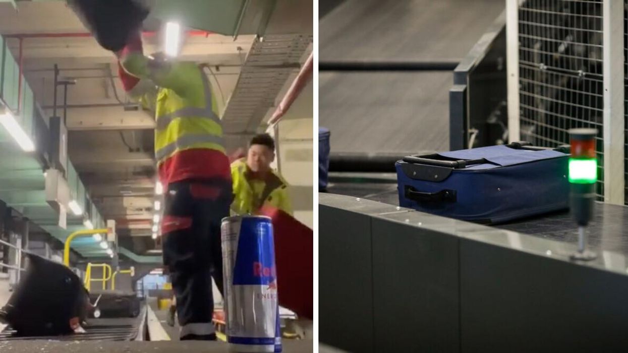 The airport handlers throwing luggage in the TikTok video. Right: A suitcase on a conveyor belt.