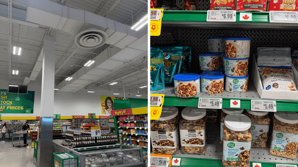 The aisles of a Food Basics store in Ontario. Right: The interior of a Food Basics store in Ontario.