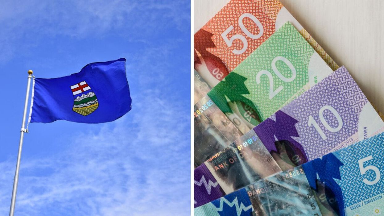 The Alberta flag. Right: Canadian money (illustrative).