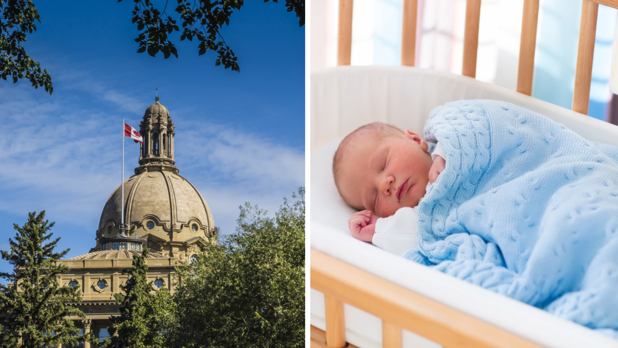 The Alberta Legislature Building. Right: A baby sleeping in a crib.