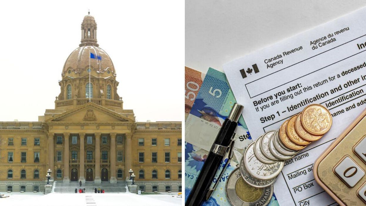The Alberta Legislature. Right: A CRA tax form.