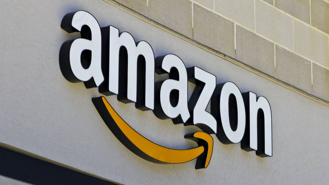 The Amazon logo is seen on the front of a building.