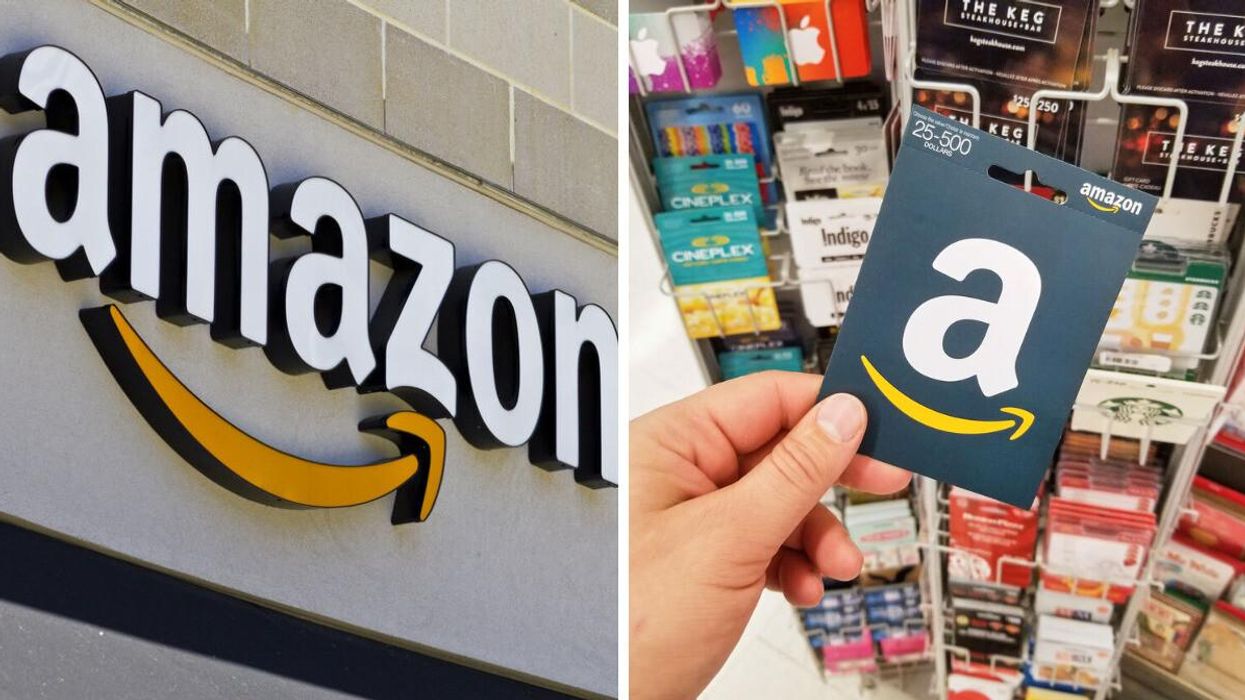 The Amazon logo. Right: A person holds an Amazon gift card.