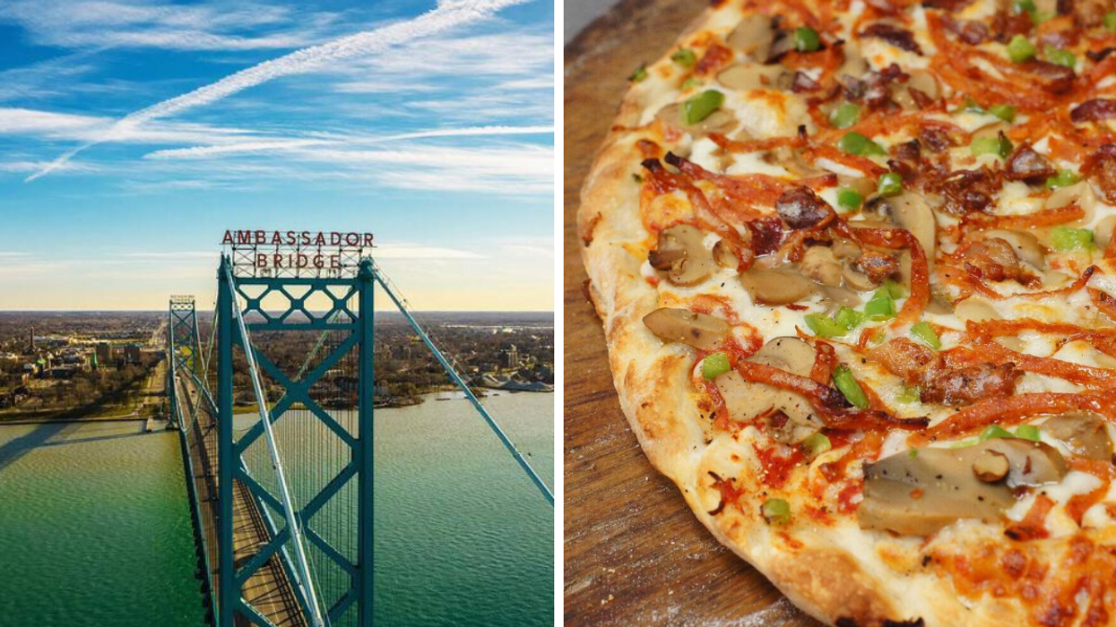 The Ambassador Bridge in front of the Windsor riverfront. Right: Windsor pizza from Antonino's.