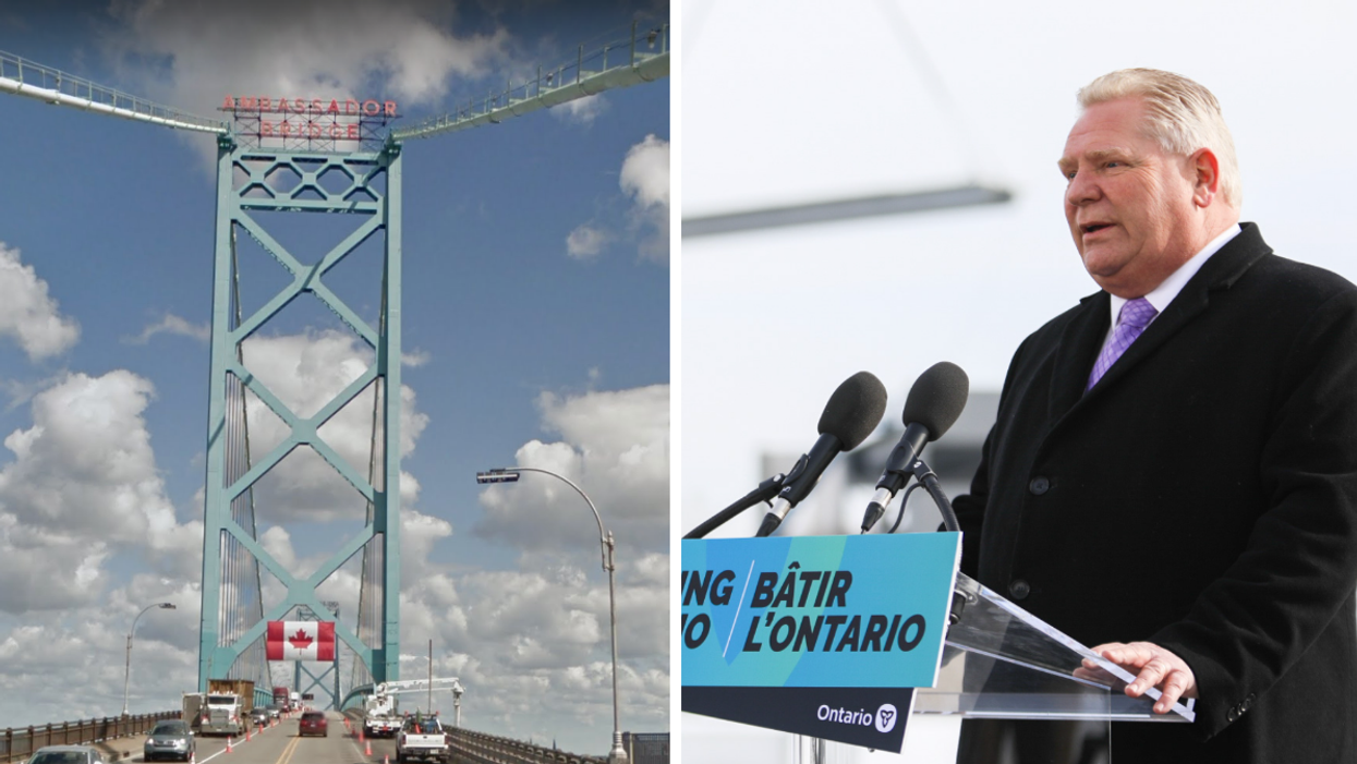 The Ambassador Bridge that connects Ontario to Michigan, Right: Premier Doug Ford making an announcement.