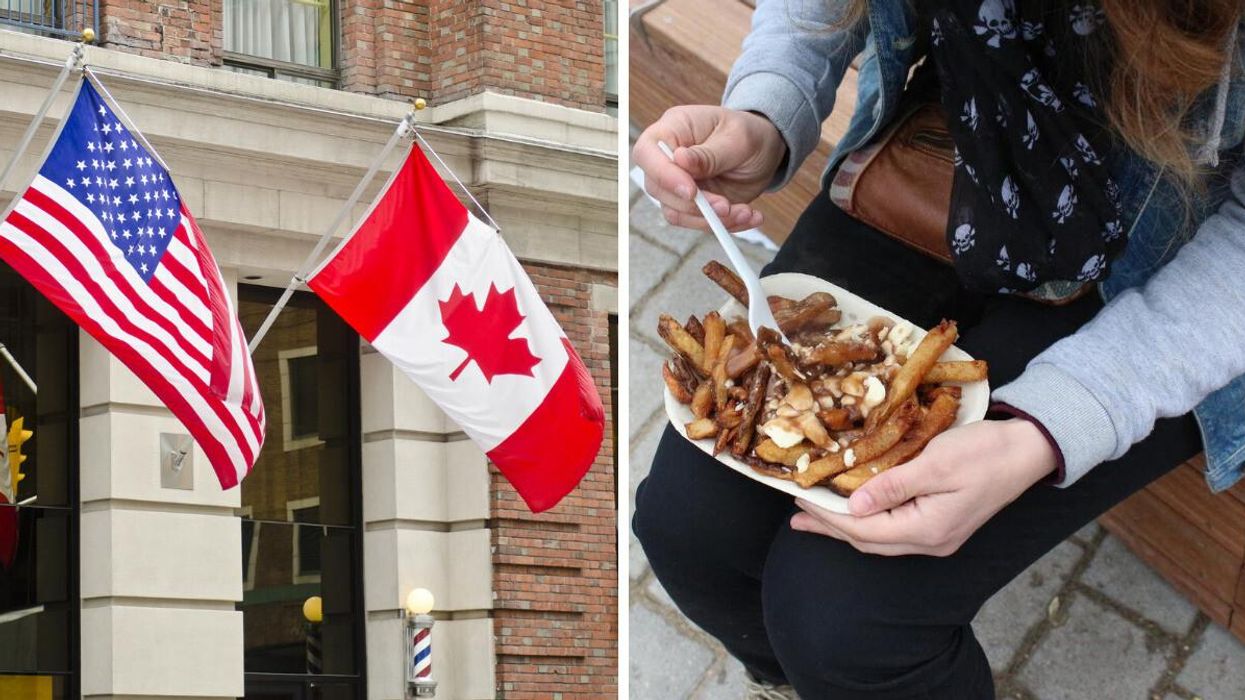The American and Canadian flags next to each other. Right: A woman holding a plate of poutine.