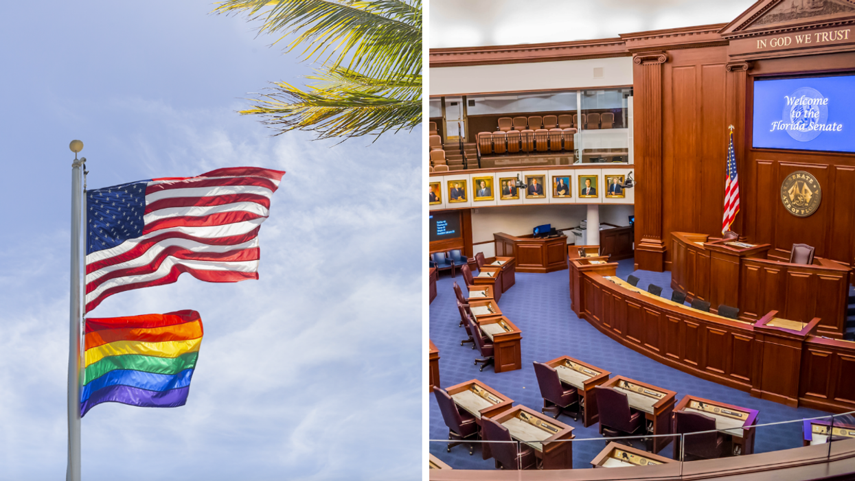 The American flag and 2SLGBTQIA+ flag. Right: The Florida State Senate room.