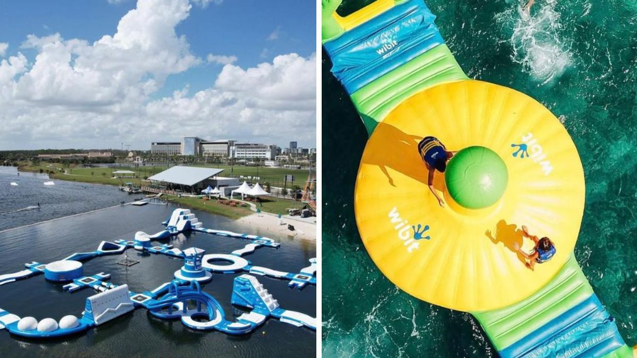 The Aqua Park layout at Nona Adventure Park. Right: People playing in a waterpark.