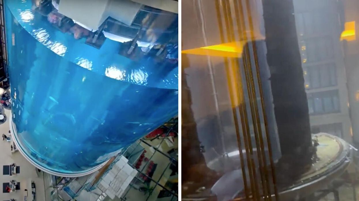 The AquaDom aquarium at Berlin's Radisson Blu. Right: The aquarium after it shattered.