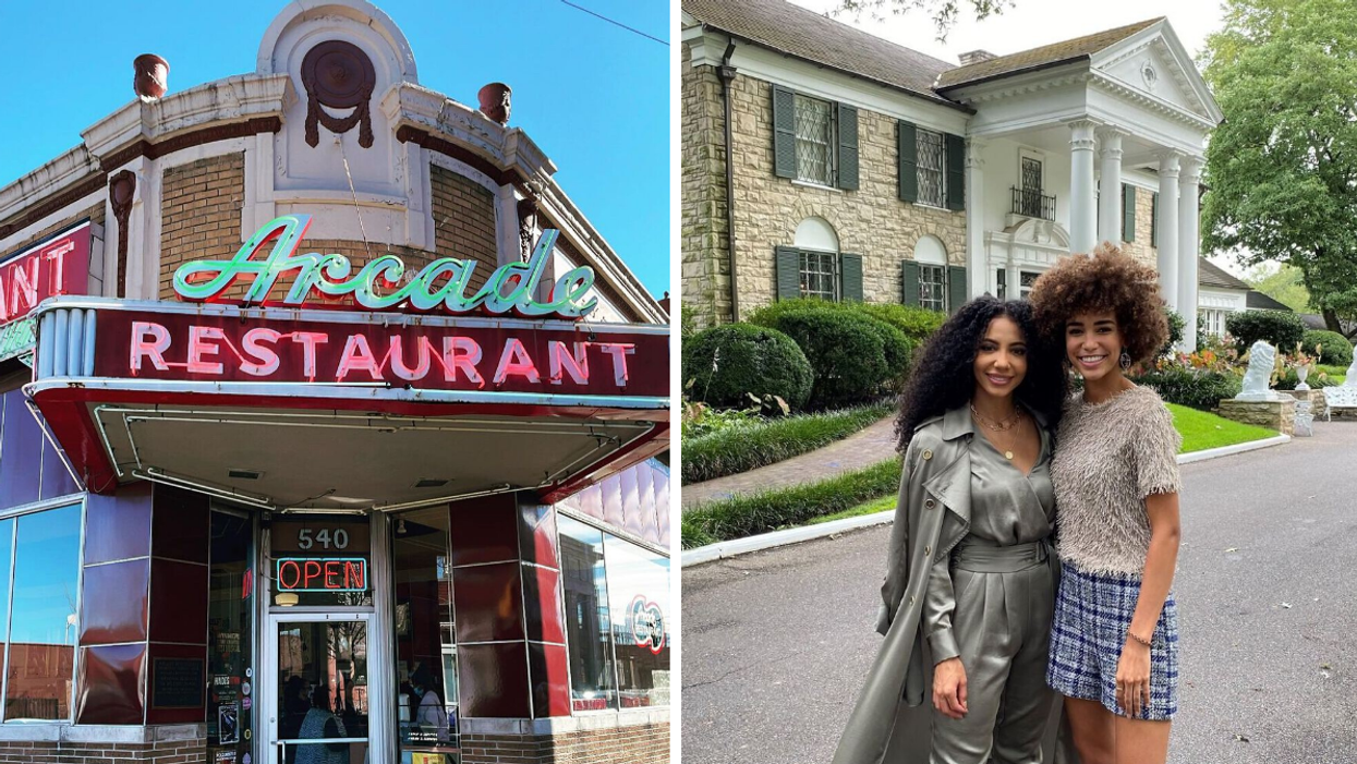 The Arcade Restaurant Elvis would frequent. Right: Two women in front of Graceland.