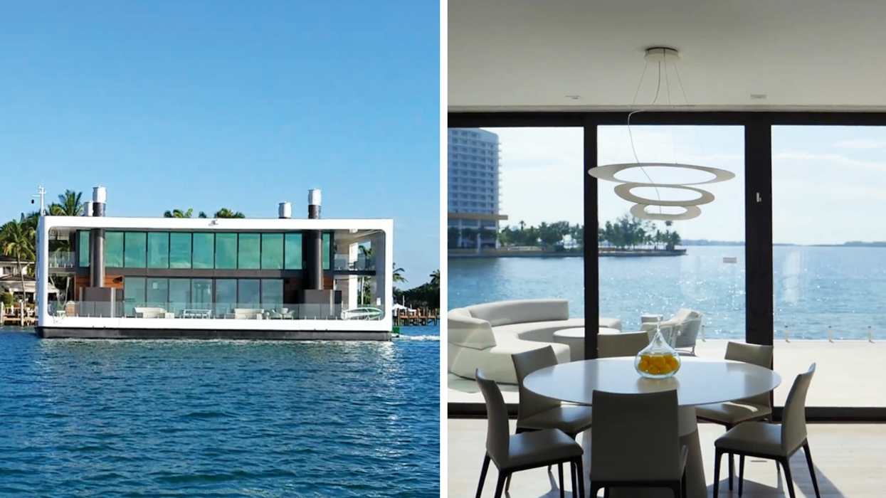 The Arkup 75 floating home in Star Island, Miami. Right: The interior of the floating home in Star Island, Miami.