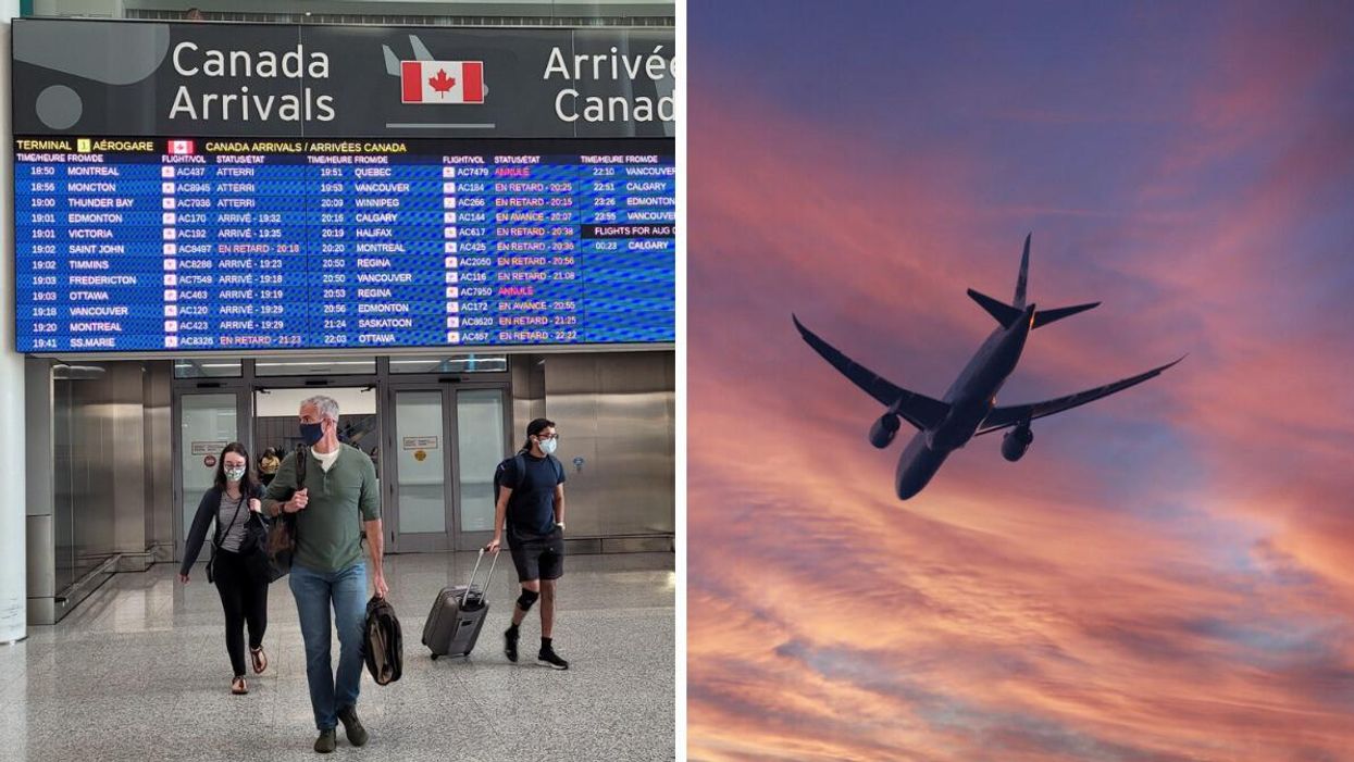 The arrivals board at Toronto Pearson International Airport. Right: A plane in the sky.