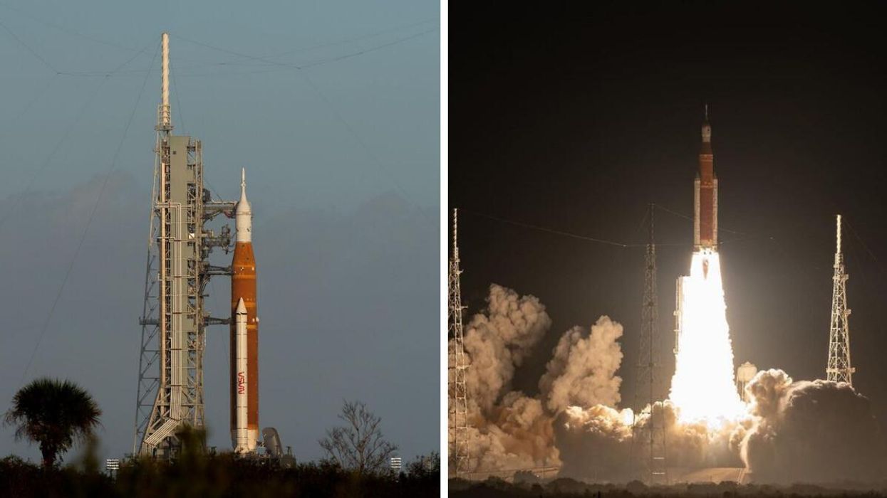 The Artemis rocket before the launch. Right: The Artemis rocket being launched into space.