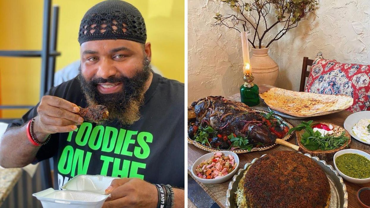 The Atlanta Food Guy smiles with a wing. Right: A table of food from Delbar in Atlanta.