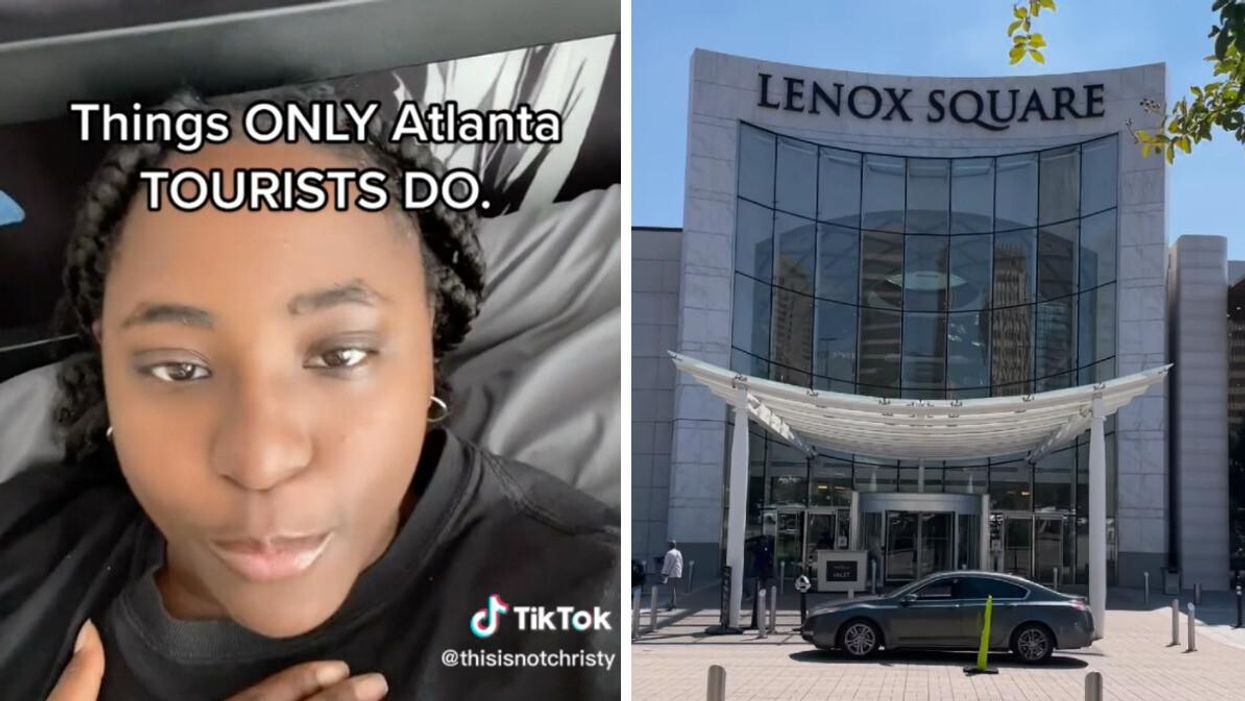 The Atlanta local in her TikTok about tourists. Right: The outside of Lenox Square Mall.