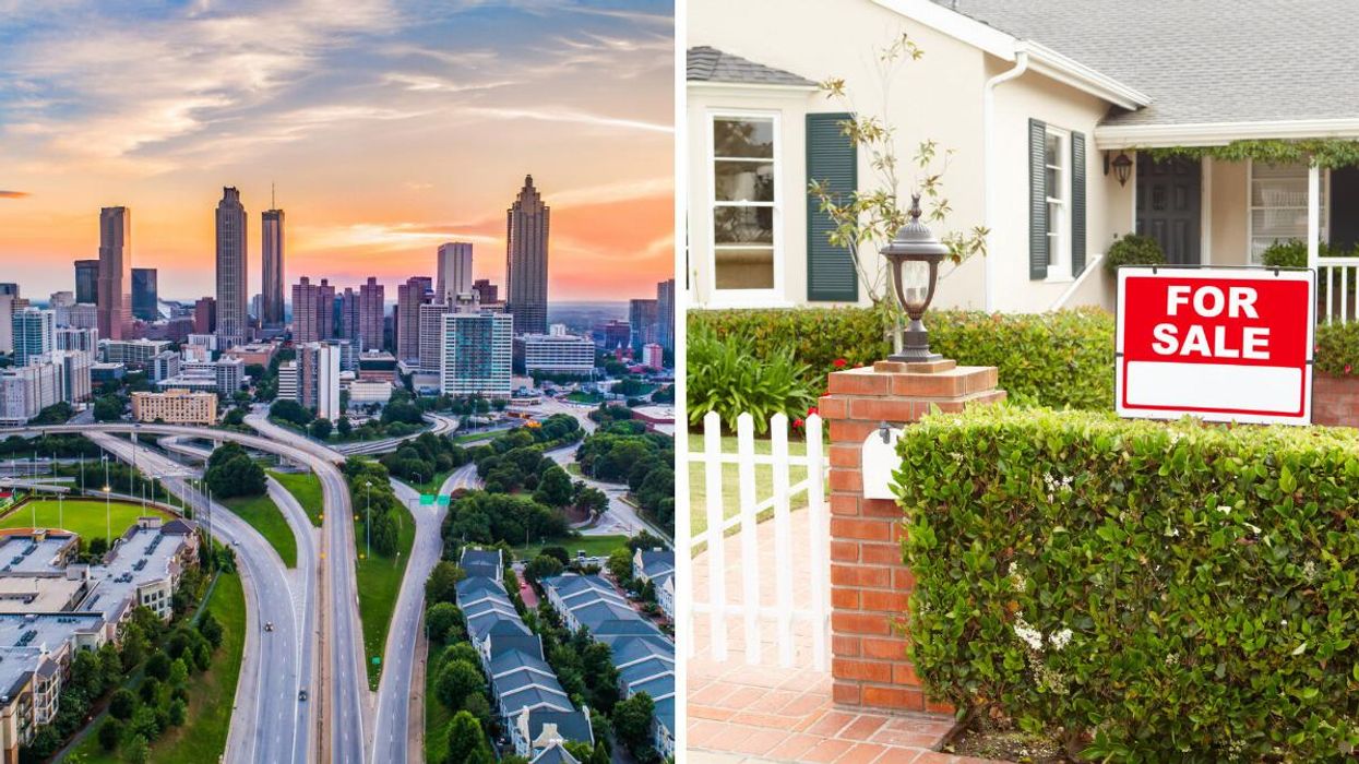 The Atlanta skyline. Right: A house with a fence and a for sale sign. 