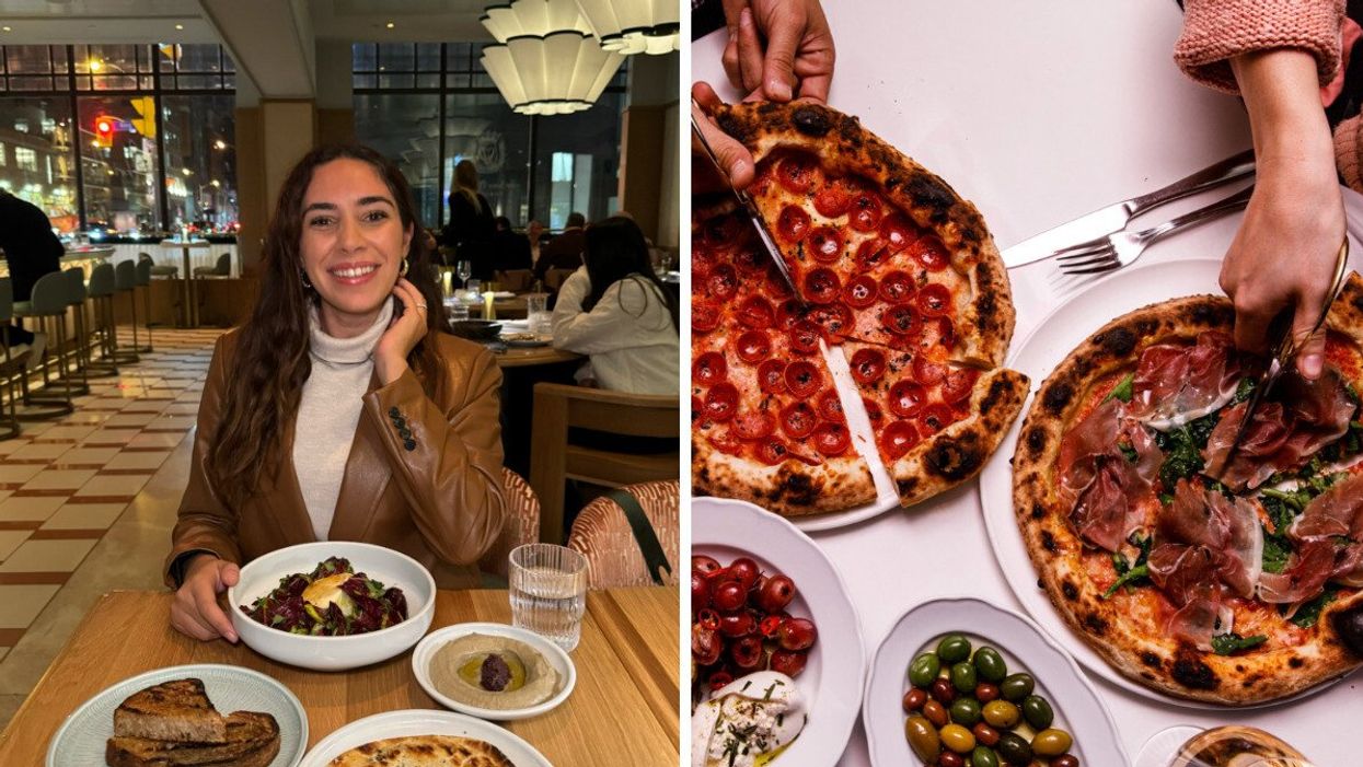The author at a Toronto restaurant with plates of food. Right: Two pizzas and olives on a table.