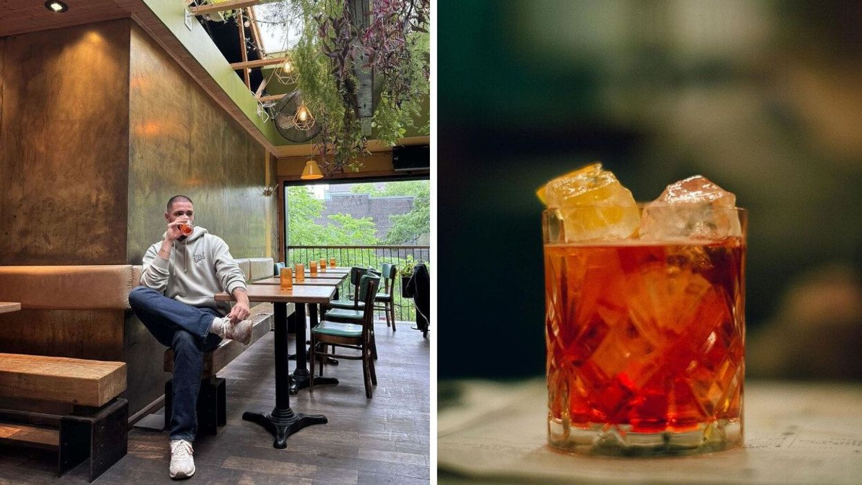 The author sitting in a bar with his legs crossed drinking a Negroni. Right: Closeup of a Negroni.