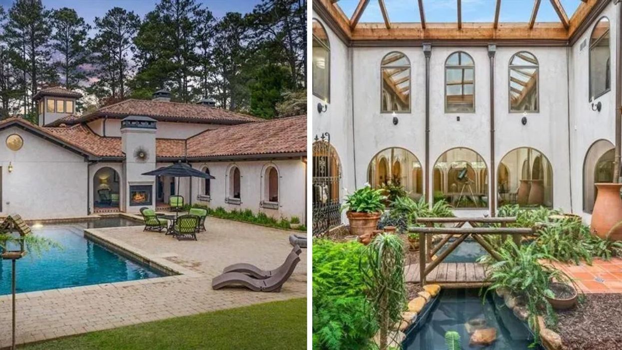 The backyard and pool for the 'Cobra Kai' mansion in Georgia. Right: inside the 'Cobra Kai' mansion.