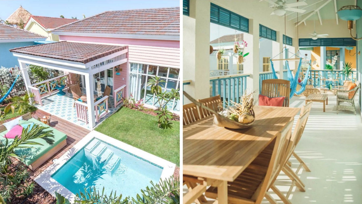 The backyard of the Boardwalk Hotel in Aruba. Right: The patio of the Boardwalk Hotel in Aruba.