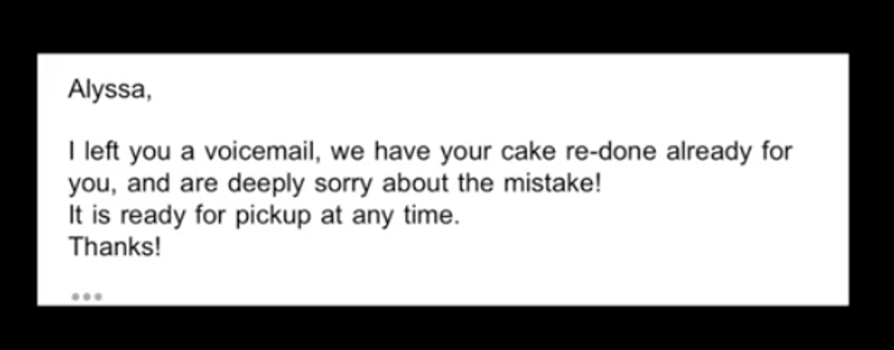 The bakery's response to Alyssa.