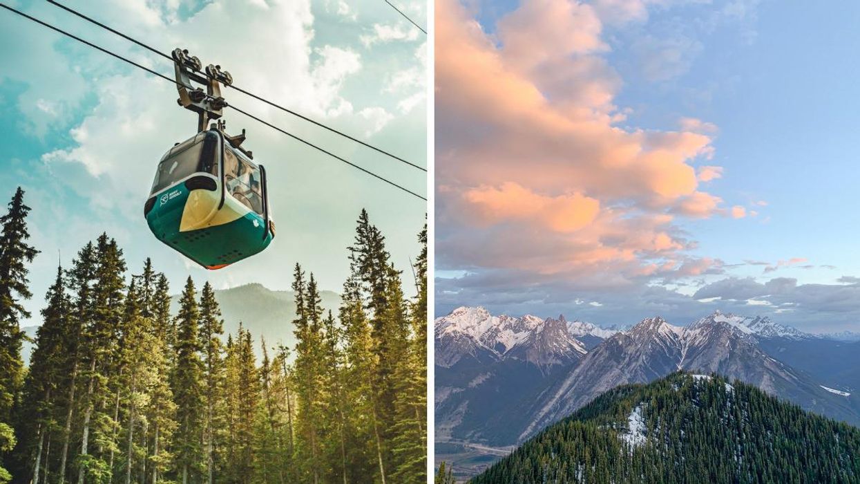 The Banff Gondola. Right: The view from Sulphur Mountain.