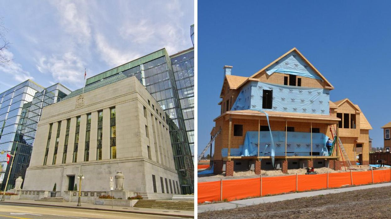 The Bank of Canada building in Ottawa. Right: A home under construction.