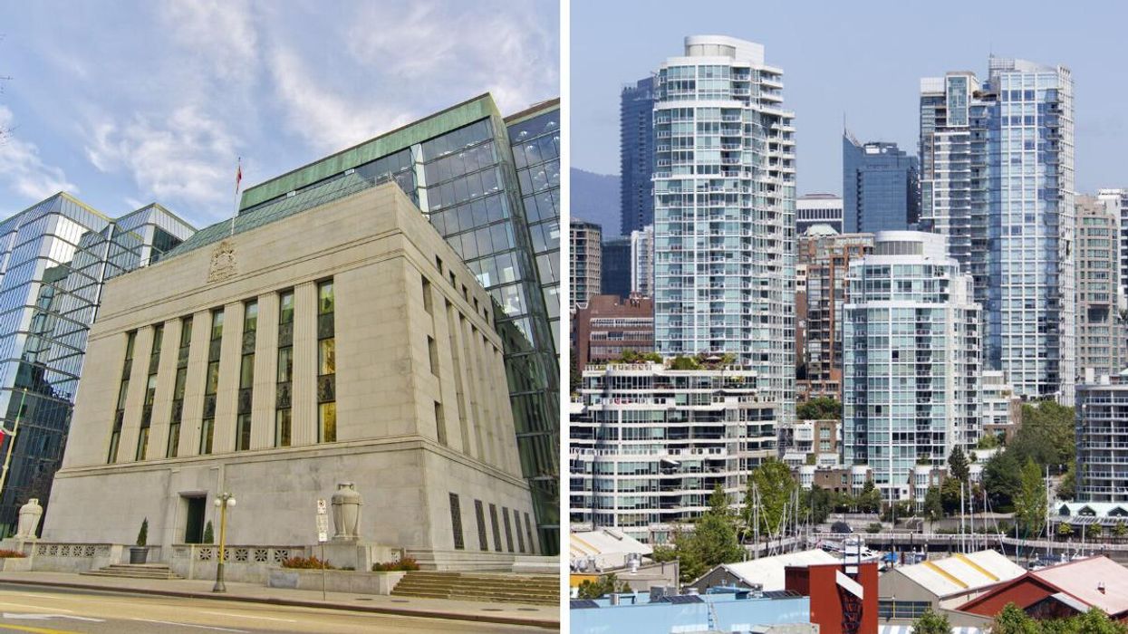 The Bank of Canada. Right: Apartment buildings and condos in Vancouver.