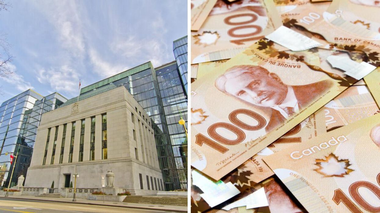The Bank of Canada. Right: Canadian hundred dollar bills.