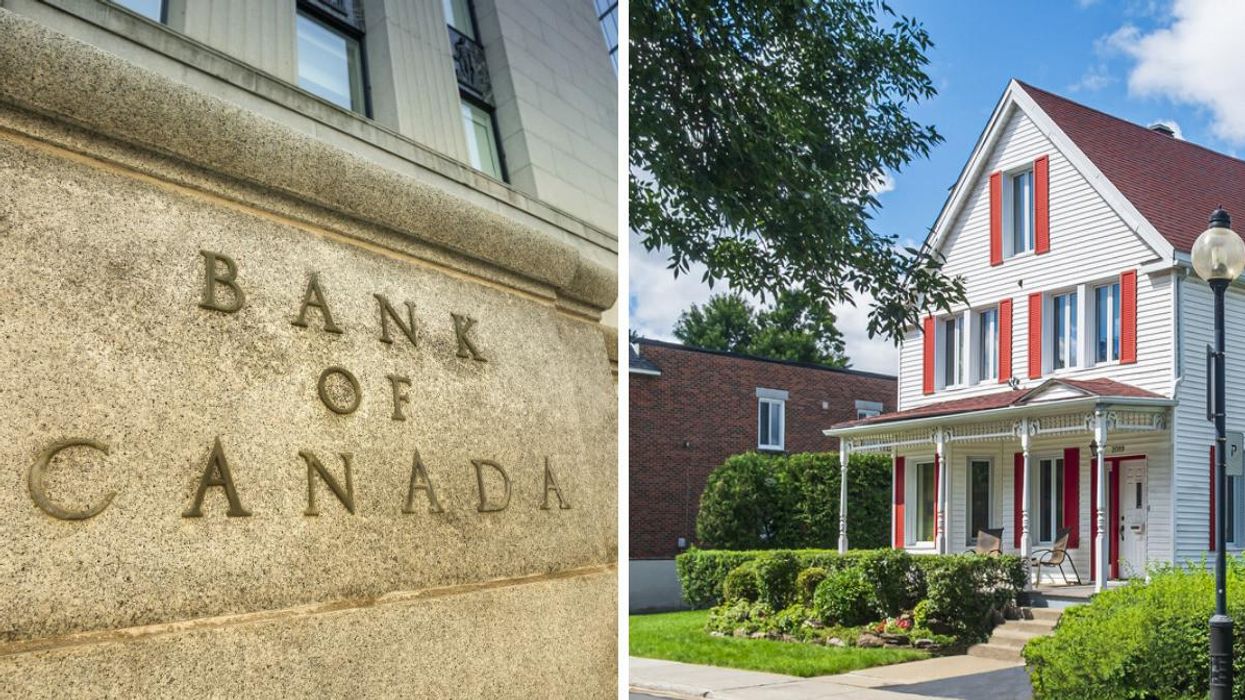The Bank of Canada stone sign. Right: A house in Montreal.