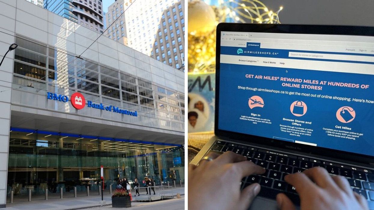 The Bank of Montreal building in Toronto. Right: A computer on the Air Miles website.