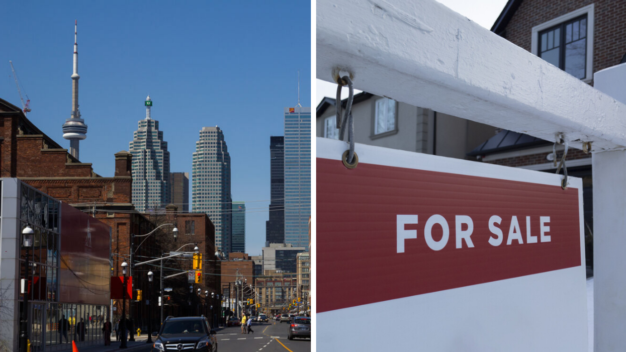 The bank towers in the downtown Toronto skyline. Right: A "for sale" sign in front of a house.