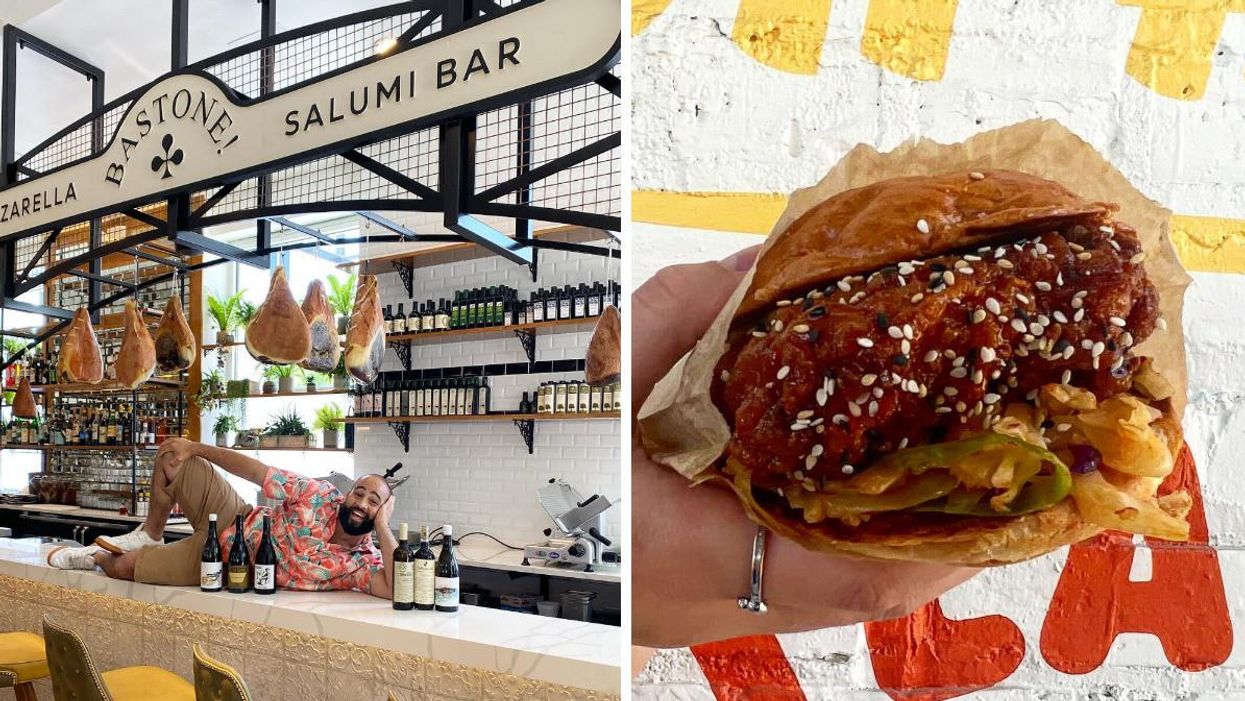 The bar at Bastone with hanging meats. Right: A chicken sandwich from How Crispy Express.