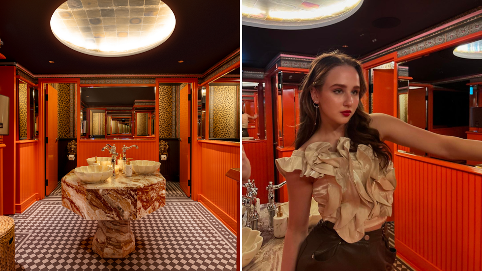 The bathroom at Piano Piano, Colborne Street. Right: A patron takes a bathroom selfie.