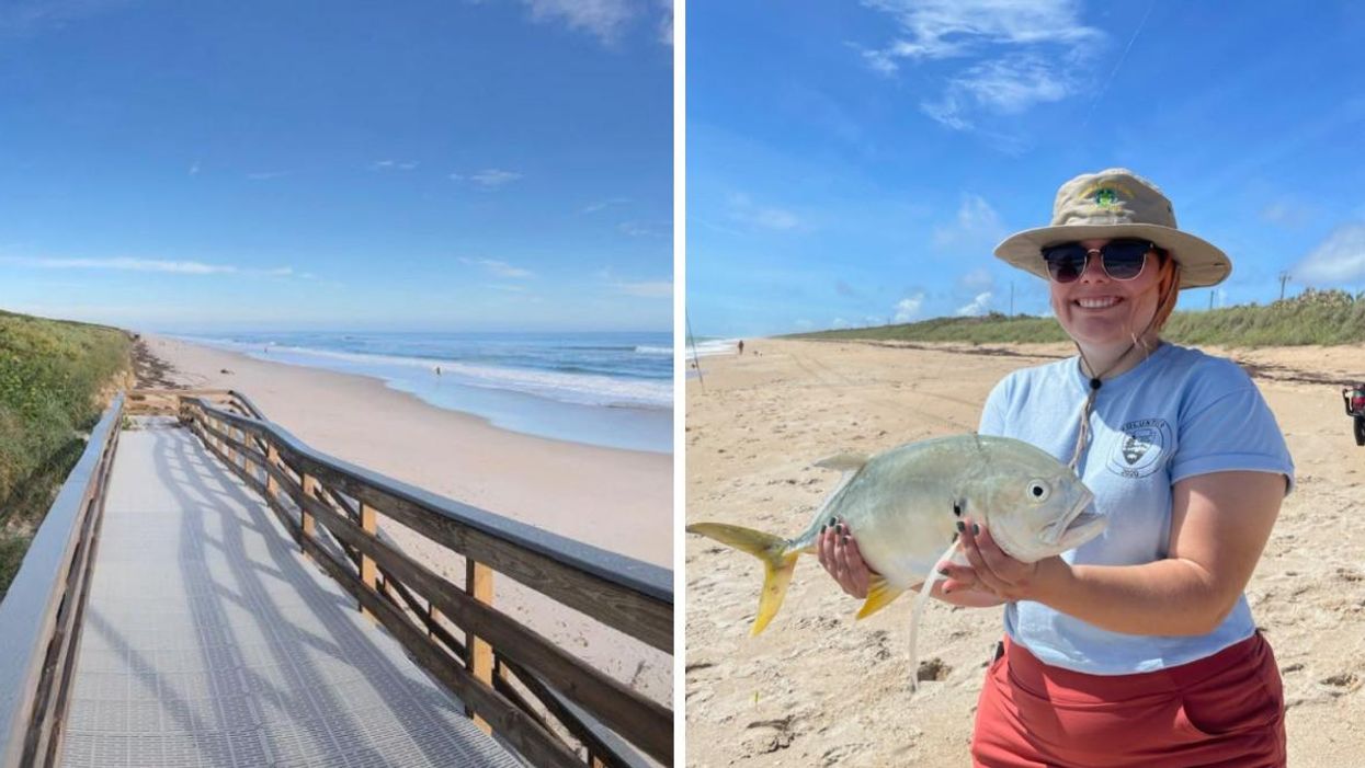 The beach at Canaveral National Seashore. Right: An NPS employee holding an angler fish. 