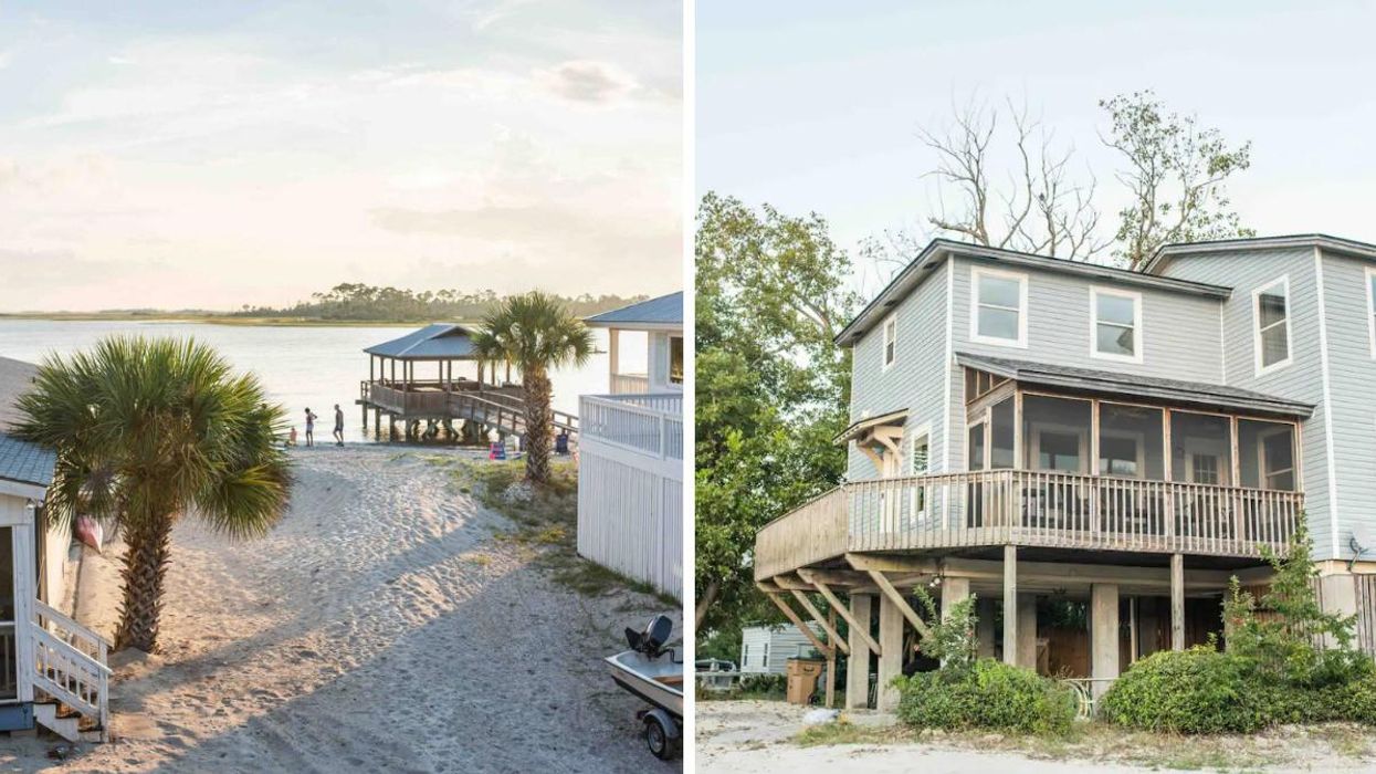 The beach outside of the Airbnb. Right: The exterior of the Back Beach: Hidden Gem Airbnb.