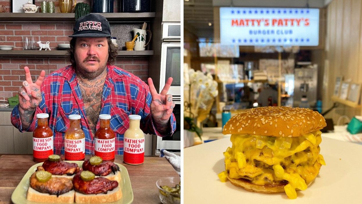 'The Bear's' Matty Matheson posing with his range of hot sauces. Right: A burger in front of a "Matty's Patty's" sign.