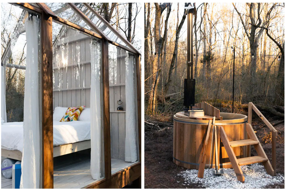 The bed in the tiny glass house. Right: The wood fired hot tub at Tiny Glass House.