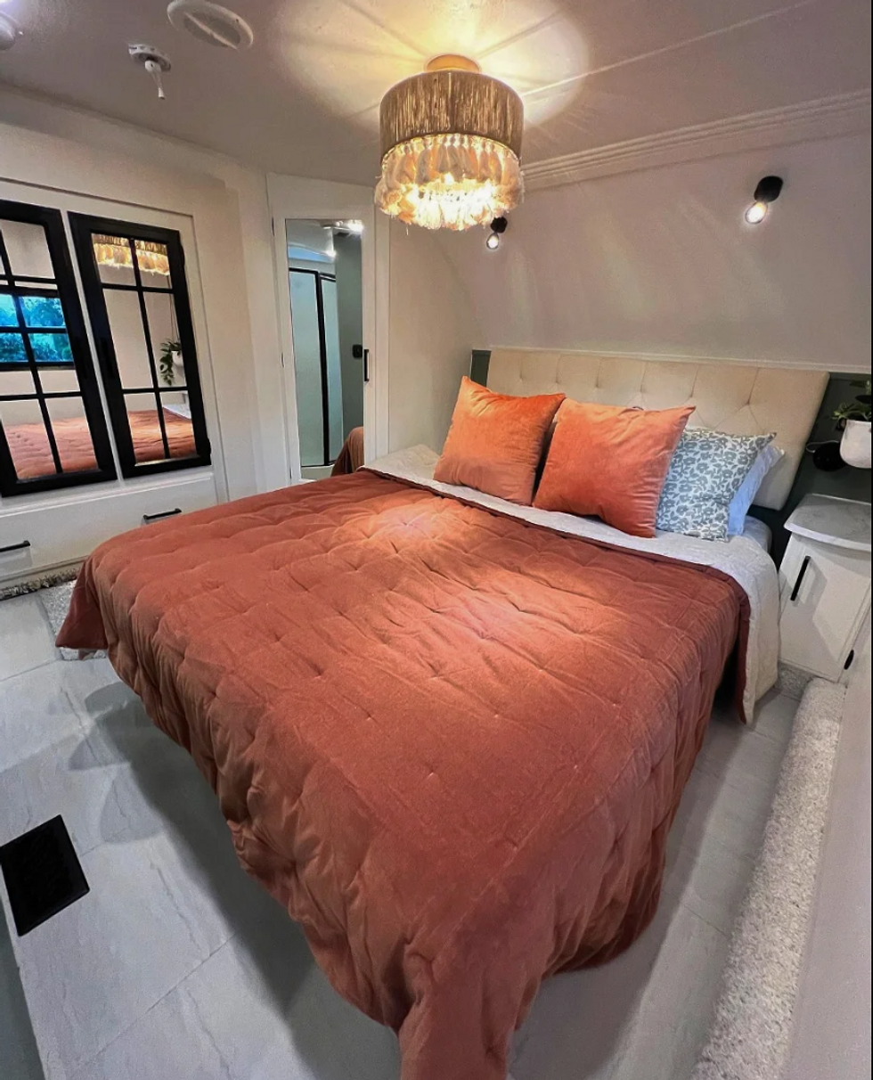 The bedroom inside the mobile tiny home in South Carolina.
