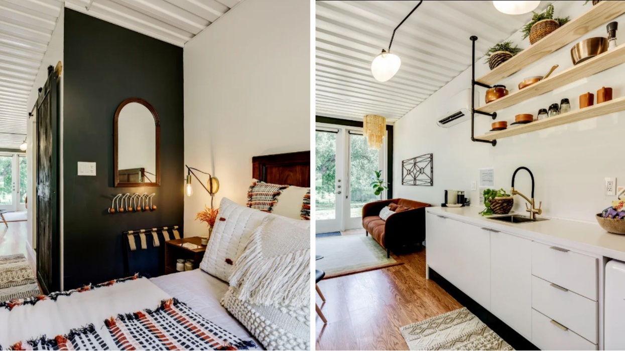 The bedroom inside the tiny home. Right: The kitchenette and foyer of the tiny home.