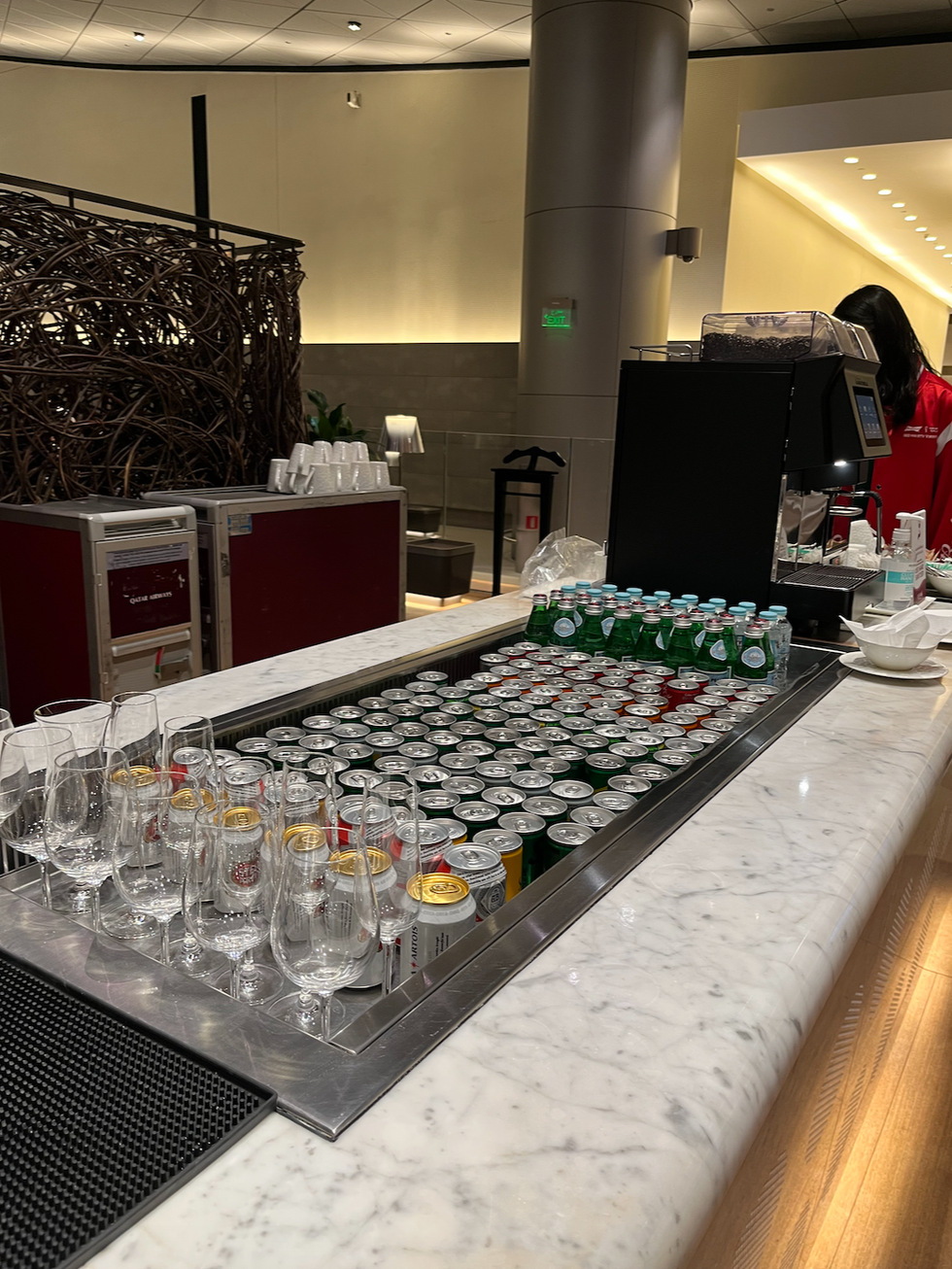 The beverage station at the Qatar Airways Al Mourjan Business Lounge.
