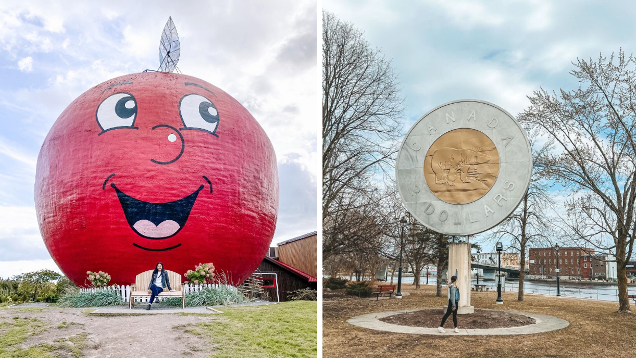 The Big Apple in Colborne. Right: Canada's giant toonie in Campbellford.