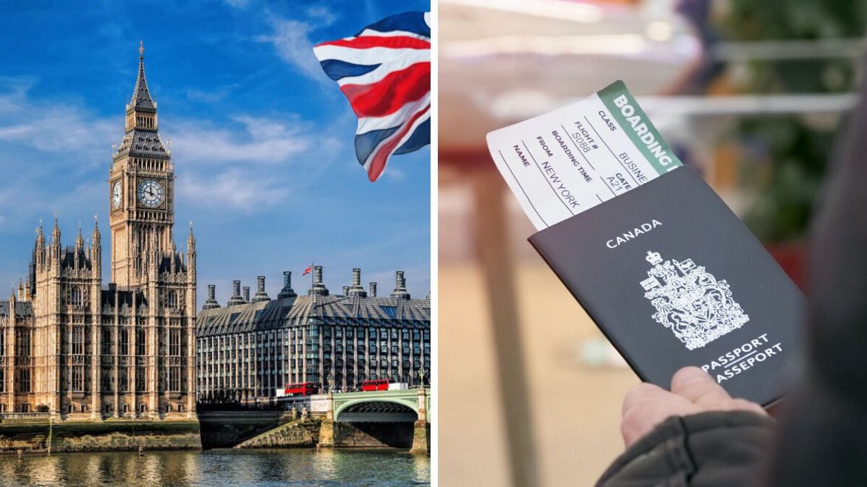 The Big Ben clock tower in London, England. Right: A person holds a Canadian passport.
