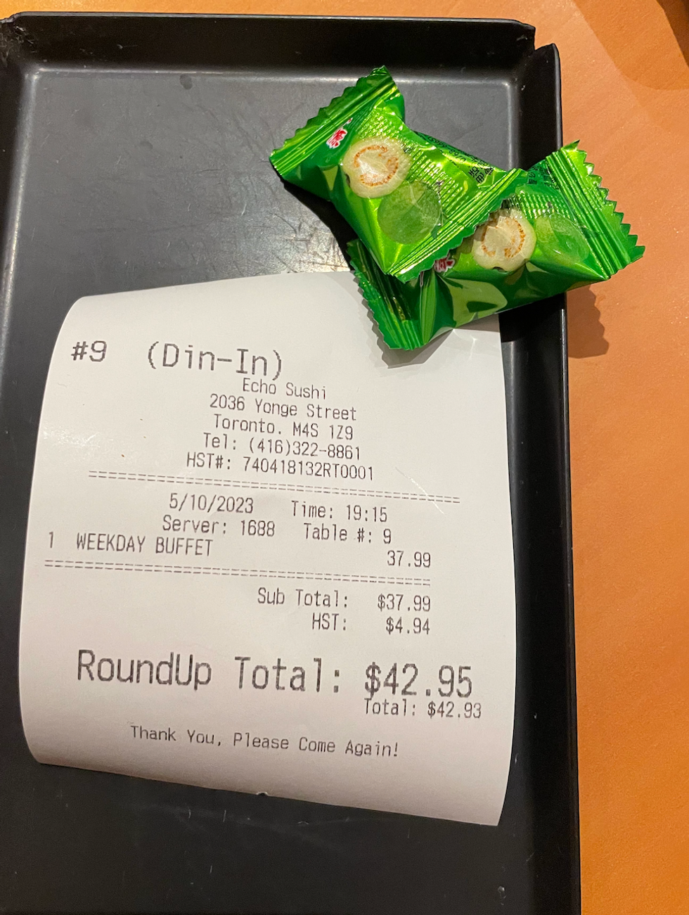 The bill at Echo Sushi.