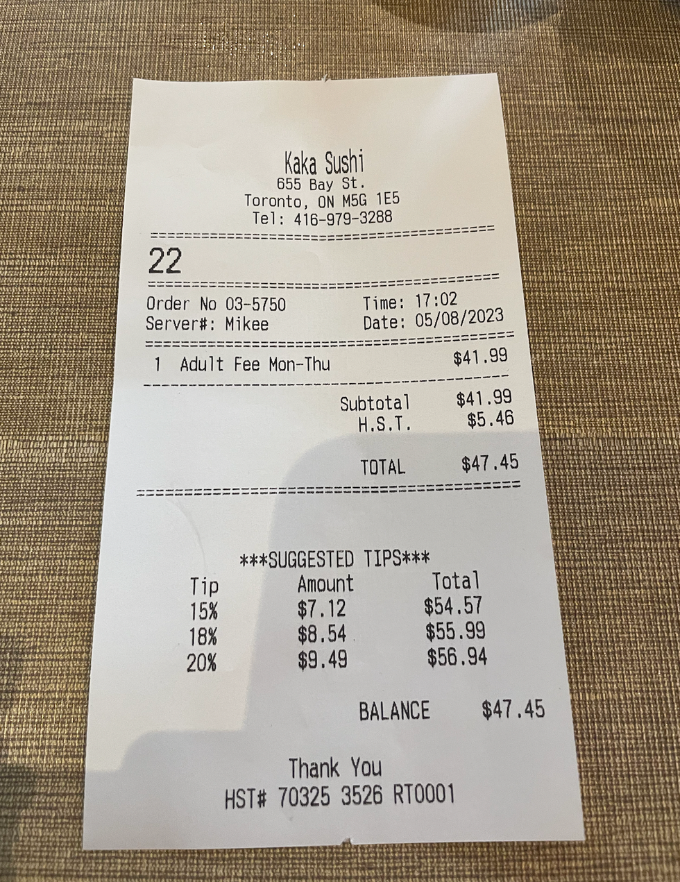 The bill at Kaka Sushi.