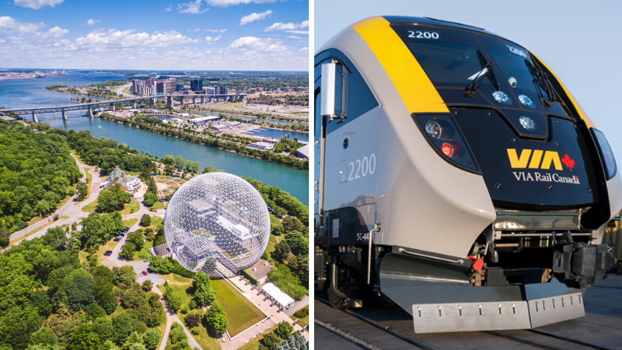 The Biosphere in Montreal. Right: VIA Rail train.