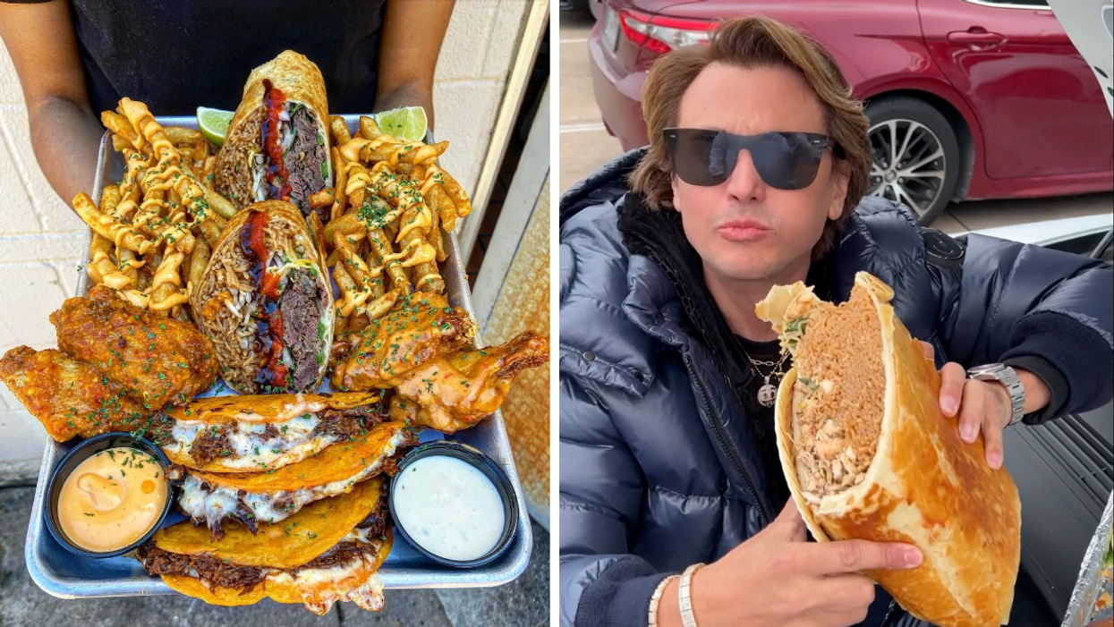 The Birria platter from Cris and John Vietnamese Street Food. Right: Johnathan Cheban trying the 10 pound burrito.