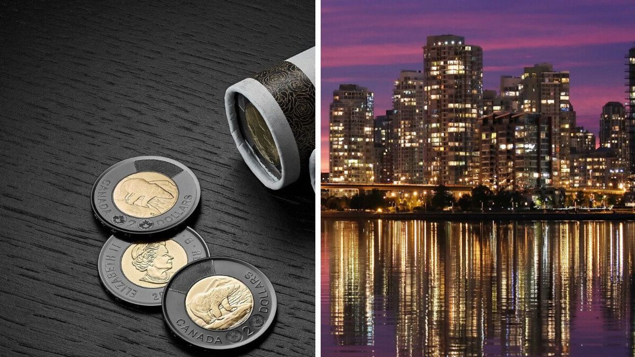 The black toonie honouring Queen Elizabeth II. Right: downtown Vancouver.