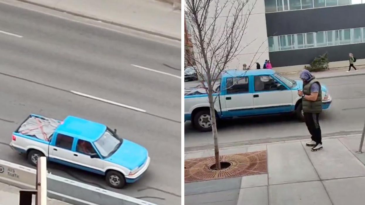 The blue truck used for filming. Right: A close up of the truck.