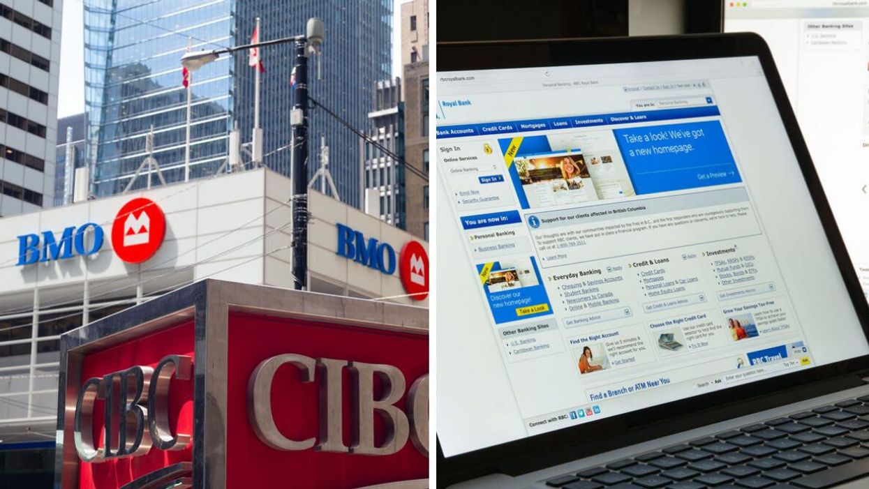 The BMO and CIBC buildings in Toronto. Right: A RBC online banking site.